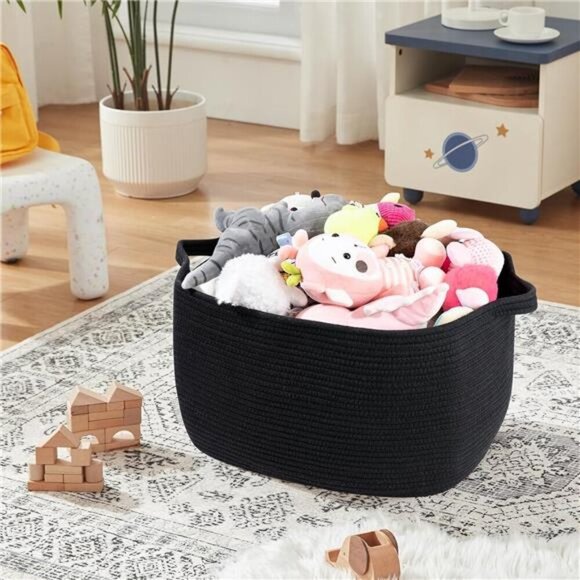 Large Black Woven Blanket Basket Cotton Rope Storage Bin for Toys Towels Laundry - Picture 5 of 8